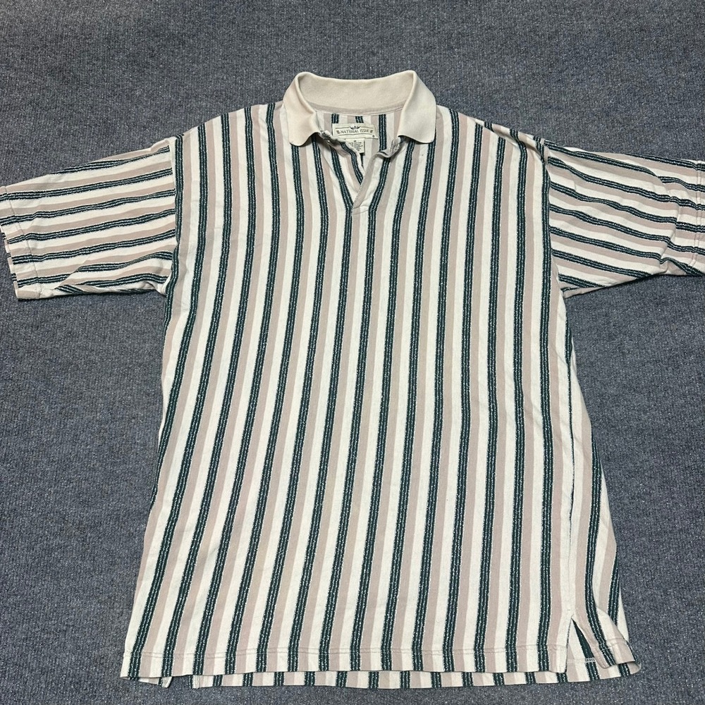 Vintage Natural Issue Mens Striped Short Sleeve Polo Shirt Green Beige Medium
